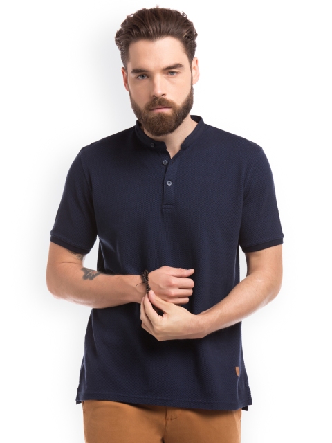 

True Blue Men Navy Blue Solid Mandarin Collar T-shirt