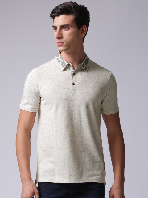 

True Blue Men Beige Self-Design Polo T-Shirt