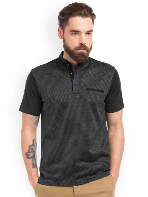 

True Blue Men Grey Self Design Mandarin Collar Slim Fit T-shirt