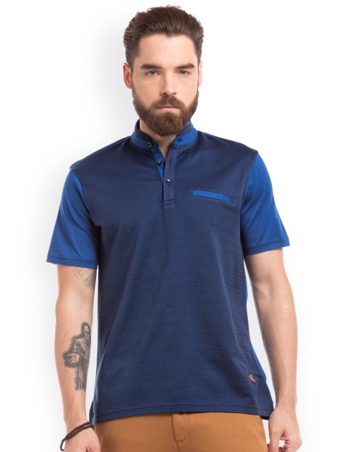 

True Blue Men Blue Self Design Mandarin Collar Slim Fit T-shirt