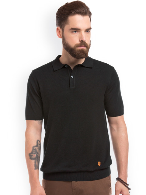

True Blue Men Black Solid Polo Collar T-shirt