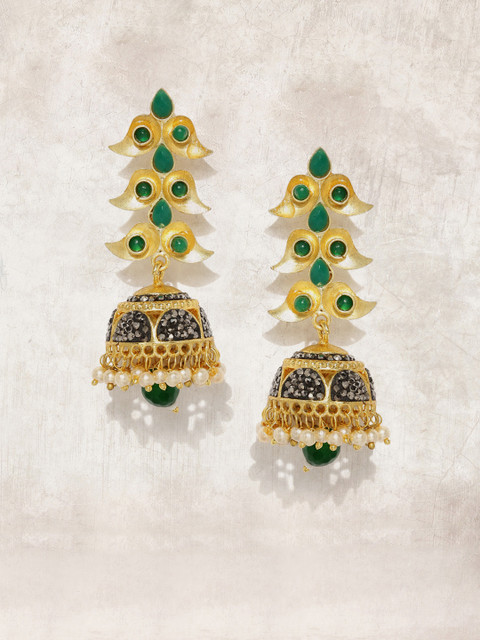

Anouk Gold-Toned & Green Dome Shaped Jhumka Earrings