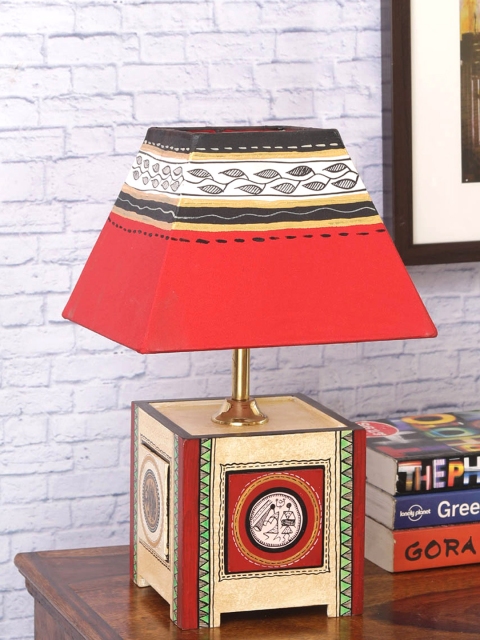 

VarEesha Red Handpainted Wooden Table Lamp with Shade