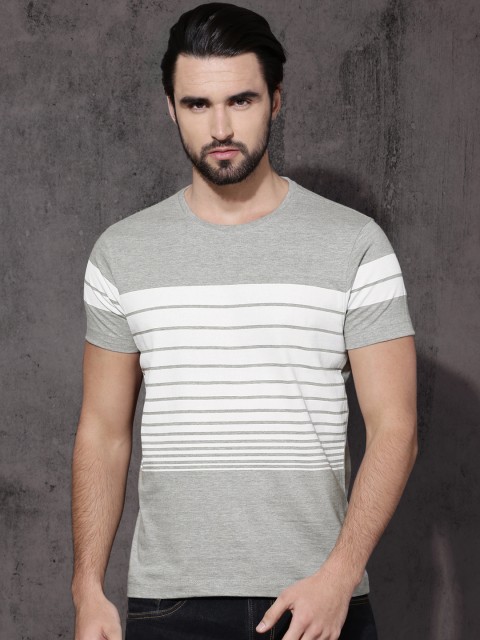

Roadster Men Grey Melange & White Striped Round Neck T-shirt