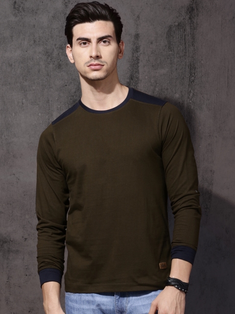 

Roadster Men Olive Green Solid Round Neck T-shirt