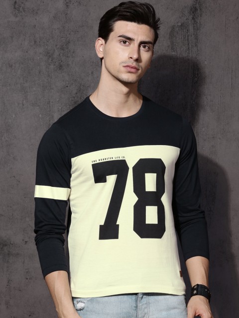 

Roadster Men Cream-Coloured & Navy Blue Printed Round Neck T-shirt