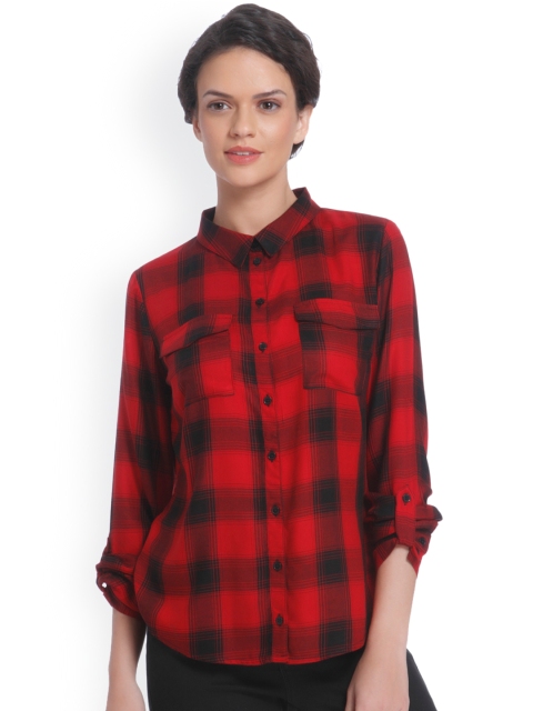

ONLY Women Red & Black Regular Fit Checked Casual Shirt
