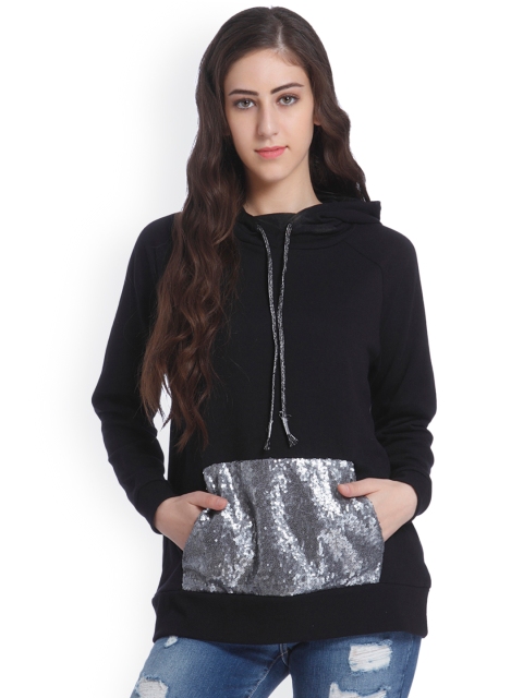 

ONLY Women Black Solid Hooded Sweatshirt