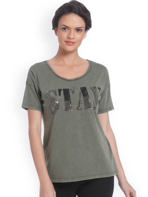 

ONLY Women Olive Green Self Design Round Neck T-shirt