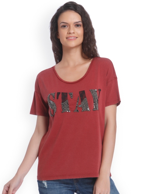 

ONLY Women Rust Self-Design Round Neck T-shirt