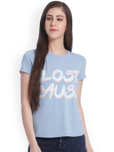 

ONLY Women Blue Printed Round Neck T-shirt