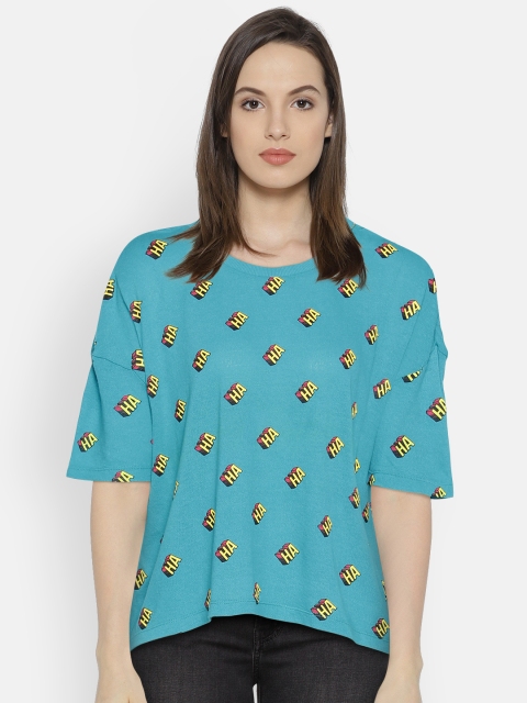 

ONLY Women Blue Printed Round Neck T-shirt