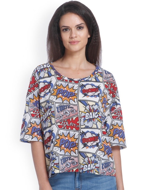 

ONLY Women Off-White & Blue Printed Round Neck T-shirt