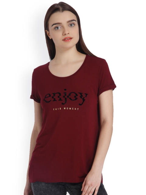 

Vero Moda Women Burgundy Printed Round Neck T-shirt