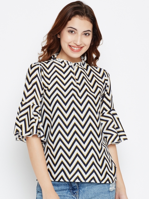

Style Quotient Women Off-White & Navy Chevron Print Top