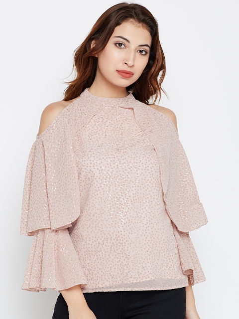 

Style Quotient Women Dusty Pink Cold Shoulder Self-Design Top