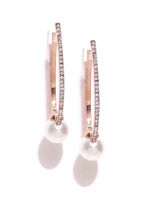 

OOMPH Gold-Toned & Off-White Oval Stone-Studded Half Hoop Earrings