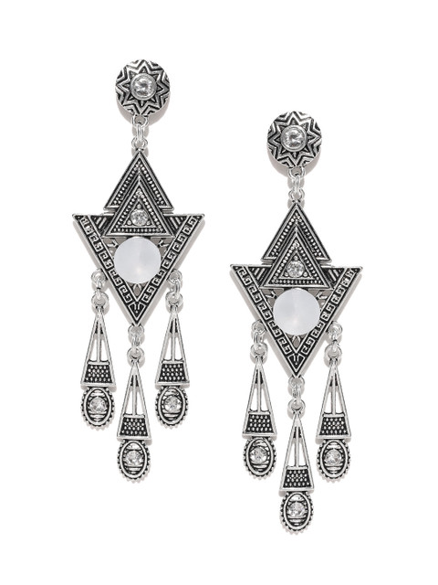 

OOMPH Oxidised Silver-Toned Stone-Studded Drop Earrings