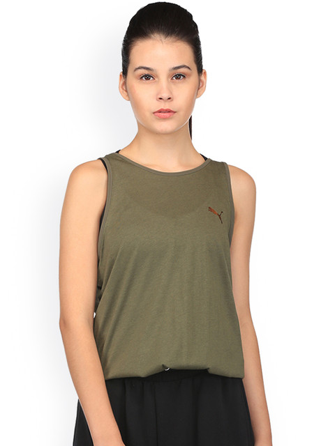 

Puma Women Olive Green Solid Round Neck T-shirt