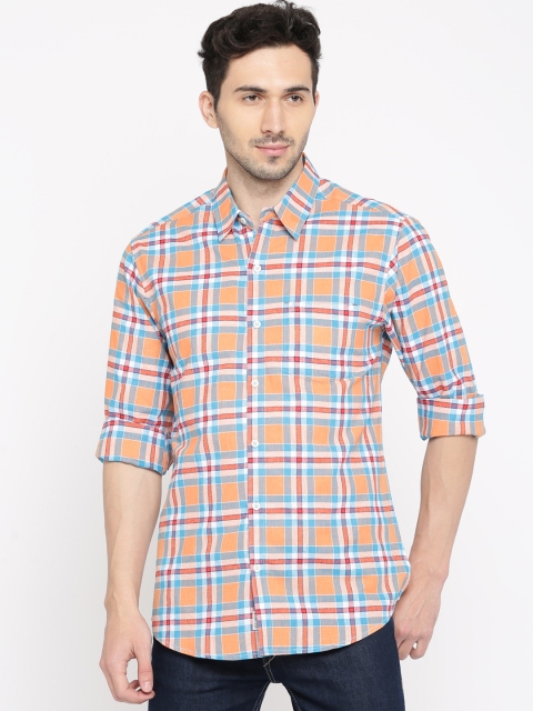 

PIVOTO Men Orange & Blue Slim Fit Checked Casual Shirt