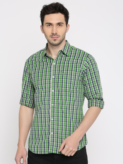 

PIVOTO Men Green & Navy Blue Slim Fit Checked Casual Shirt