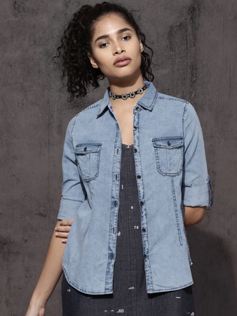 

Roadster Women Blue Regular Fit Faded Denim Casual Shirt
