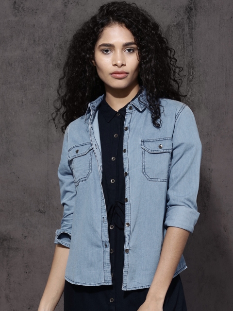 

Roadster Women Blue Regular Fit Faded Casual Shirt