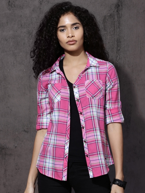 

Roadster Women Pink & White Slim Fit Checked Casual Shirt