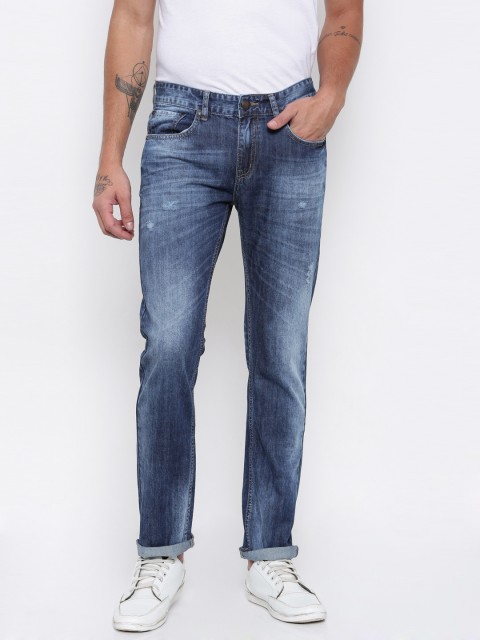 

American Crew Men Blue Straight Slim Fit Mid-Rise Low Distress Jeans
