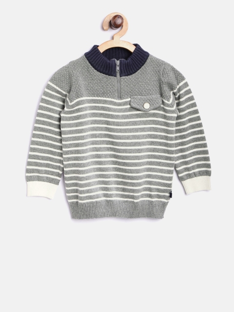 

United Colors of Benetton Boys Grey Melange & White Striped Sweater