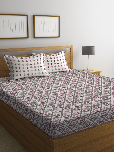 

CORE Designed by SPACES Beige & Pink Floral 144 TC Cotton 1 Queen Bedsheet with 2 Pillow Covers