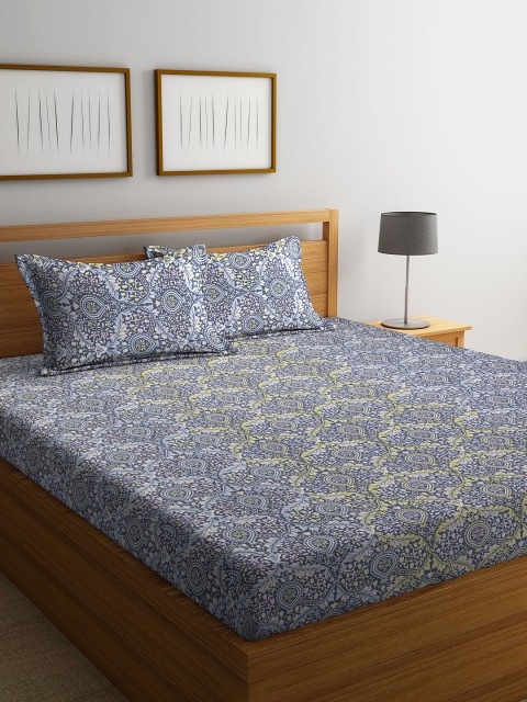

CORE Designed by SPACES Navy Blue & Yellow 104 TC 1 Queen Bedsheet with 2 Pillow Covers
