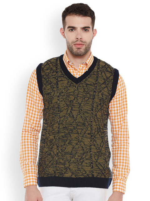 

Duke Men Olive Green Printed Sweater Vest