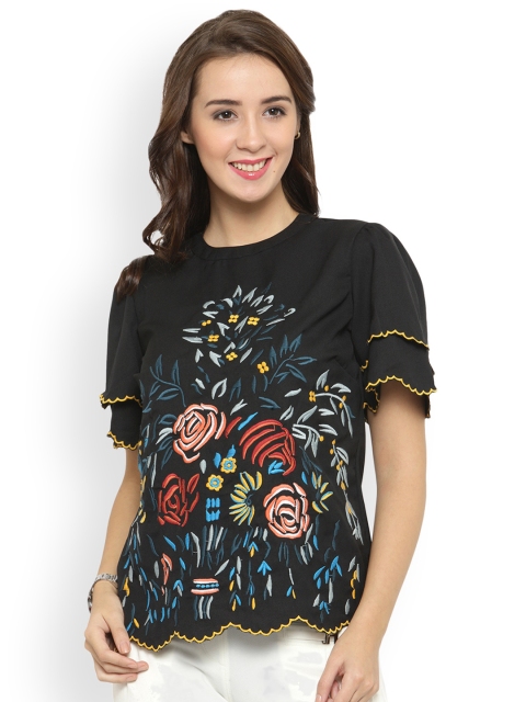 

plusS Women Black Embroidered Top