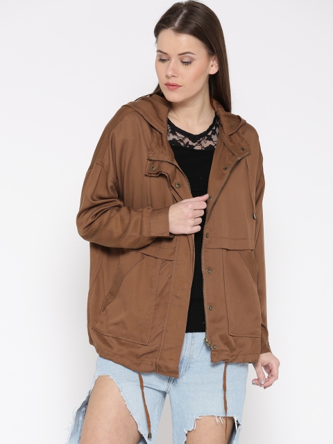 

FOREVER 21 Women Brown Solid Hooded Tailored Jacket