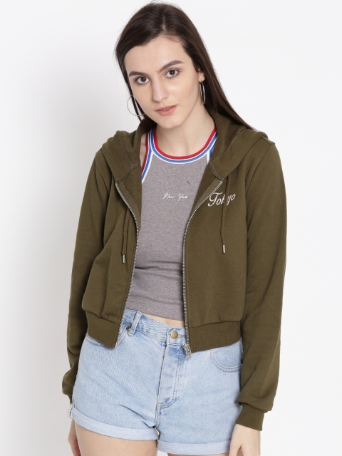 

FOREVER 21 Women Olive Green Embroidered Back Hooded Sweatshirt