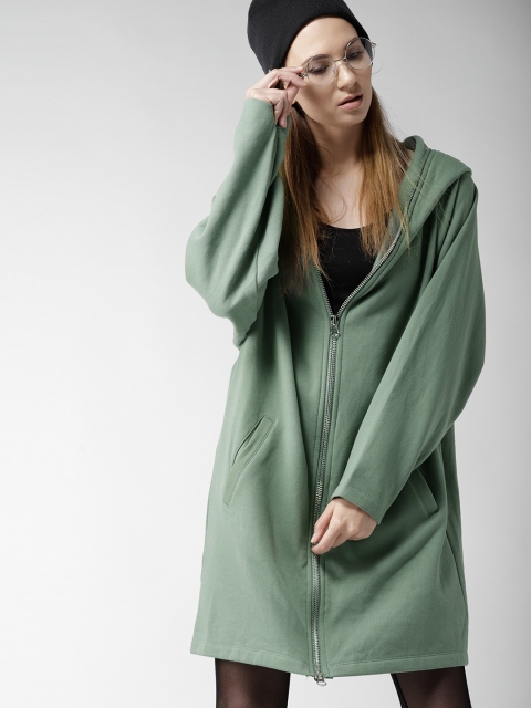 

FOREVER 21 Women Green Solid Longline Hooded Sweatshirt