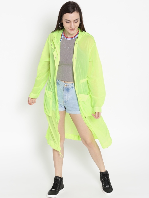 

FOREVER 21 Women Fluorescent Green Solid Lightweight Sheer Hooded Longline Tailored Jacket