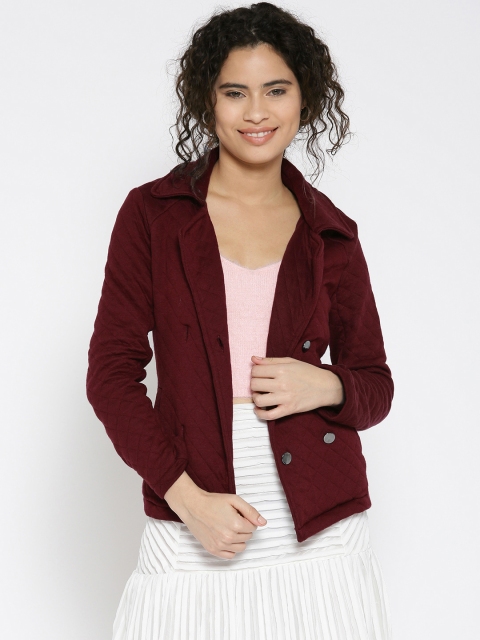 

DressBerry Women Maroon Solid Quilted Jacket
