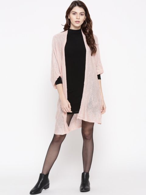 

FOREVER 21 Women Peach-Coloured Solid Front-Open Longline Sweater