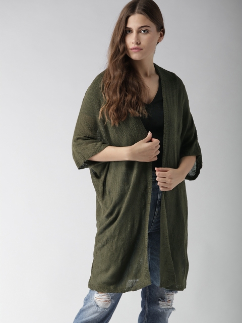

FOREVER 21 Women Olive Green Solid Front-Open Sweater