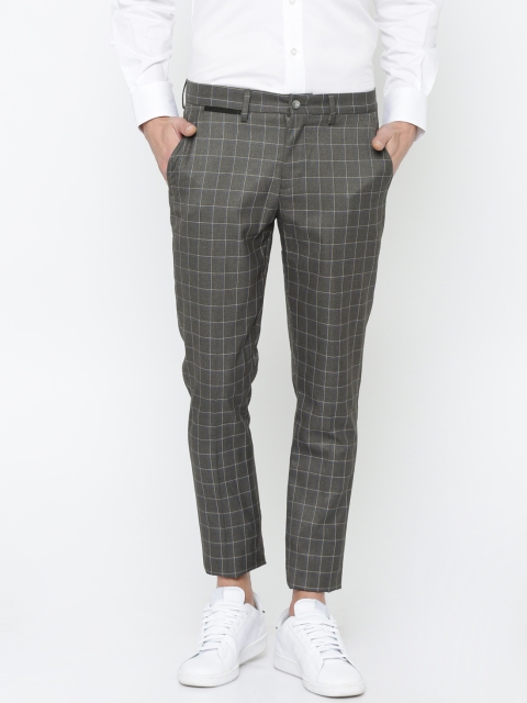 

INVICTUS Men Grey & Blue Slim Fit Checked Regular Trousers