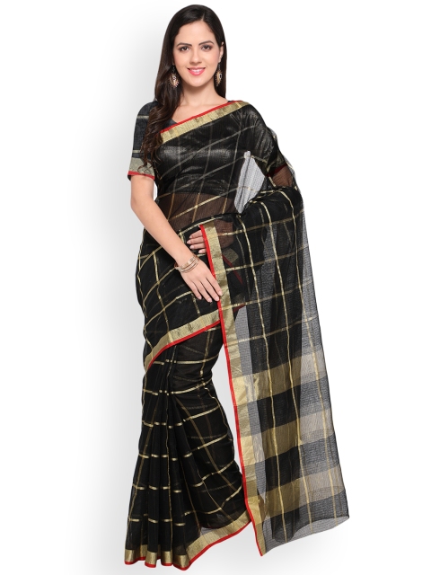 

Satrani Black & Gold-Toned Poly Silk Checked Saree