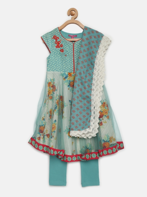 

Biba Girls Blue & Printed Kurta with Churidar & Dupatta