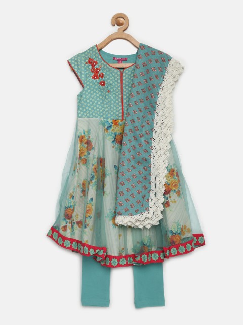 

Biba Girls Blue & Off-White Printed Kurta with Churidar Leggings & Dupatta