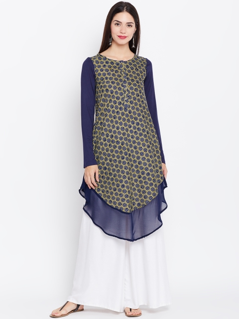 

Biba Women Navy Blue & Green Printed A-Line Kurta