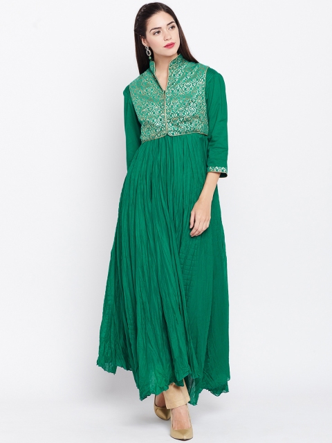 

Biba Women Green Solid Asymmetric Anarkali Kurta with Ethnic Jacket