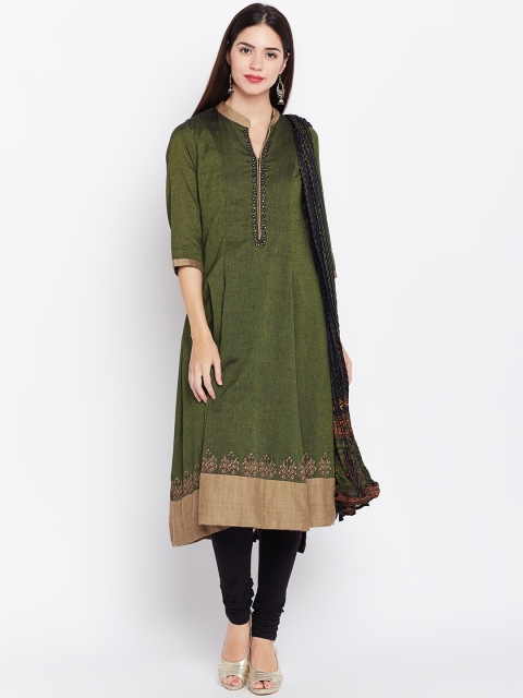 

Biba Women Green & Black Solid Kurta with Churidar & Dupatta
