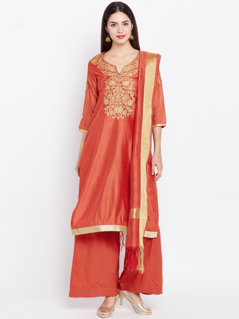 

Biba Women Rust Red Self-Design Kurta with Palazzos & Dupatta