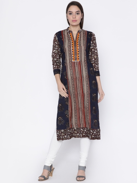 

Soch Women Navy Blue & Grey Printed Straight Kurta